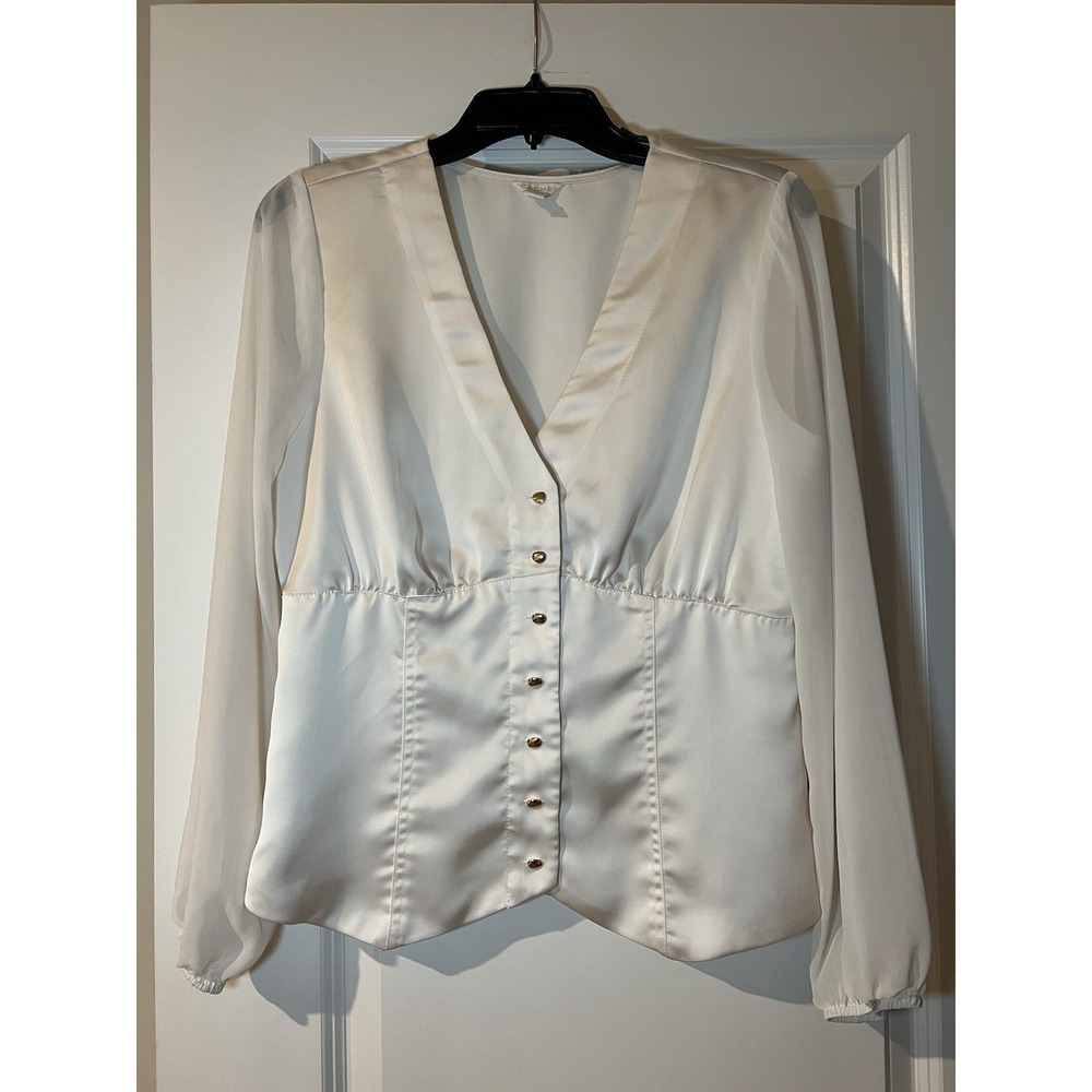 Cache Long Sleeve White Blouse Size Small V-Neck Buttons Minimalist Chic Office‎